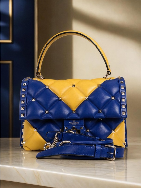 Valentino Garavani Handbags - Valentino Garavani Blue & Yellow Quilted Leather Top-Handle Bag
